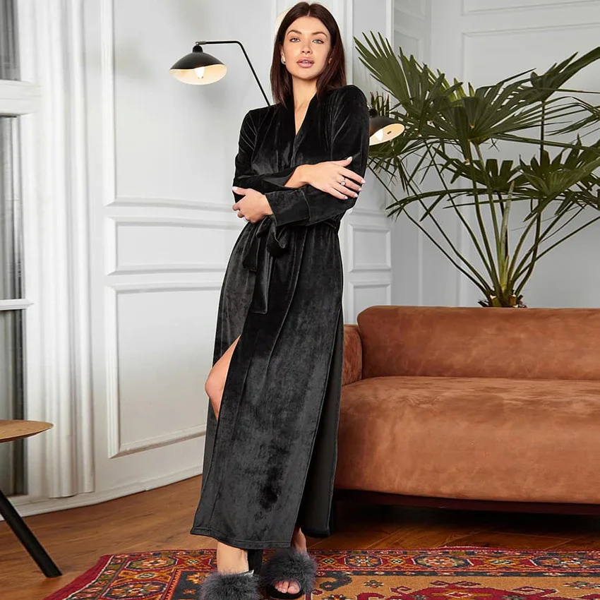 

Black Long Robe V Neck Velvet Warm Nightgown Sleep Dress Long Sleeve Women Cardigan Nightdress Home Clothes Sleepwear Kimono