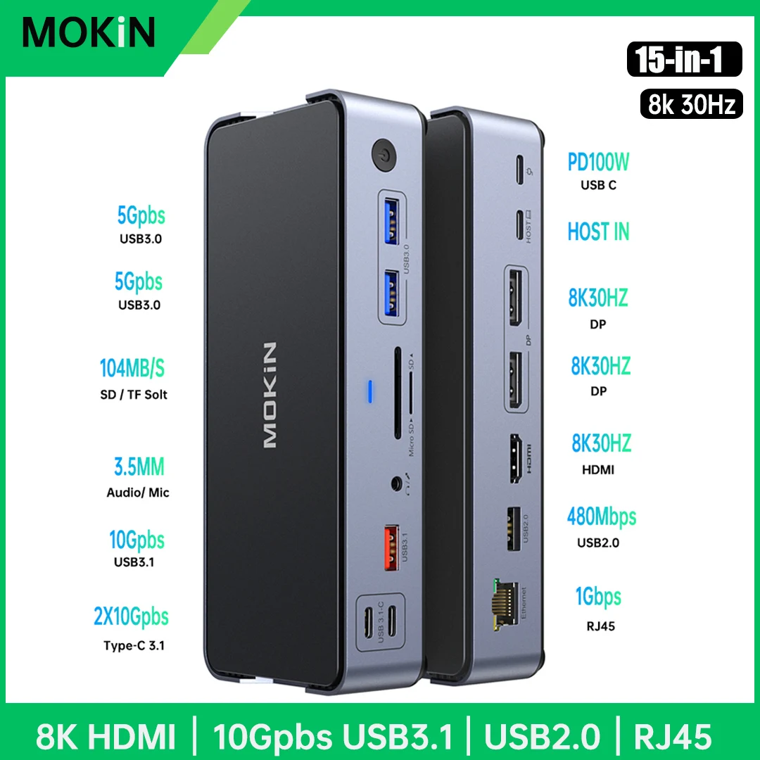 

MOKiN 8K USB C Laptop Docking Station 15 in 1 Hub Dock 6 *USB A/C Ports,100W PD,Ethernet,SD&TF,Audio,For Dell/HP/MacBook/Lenovo
