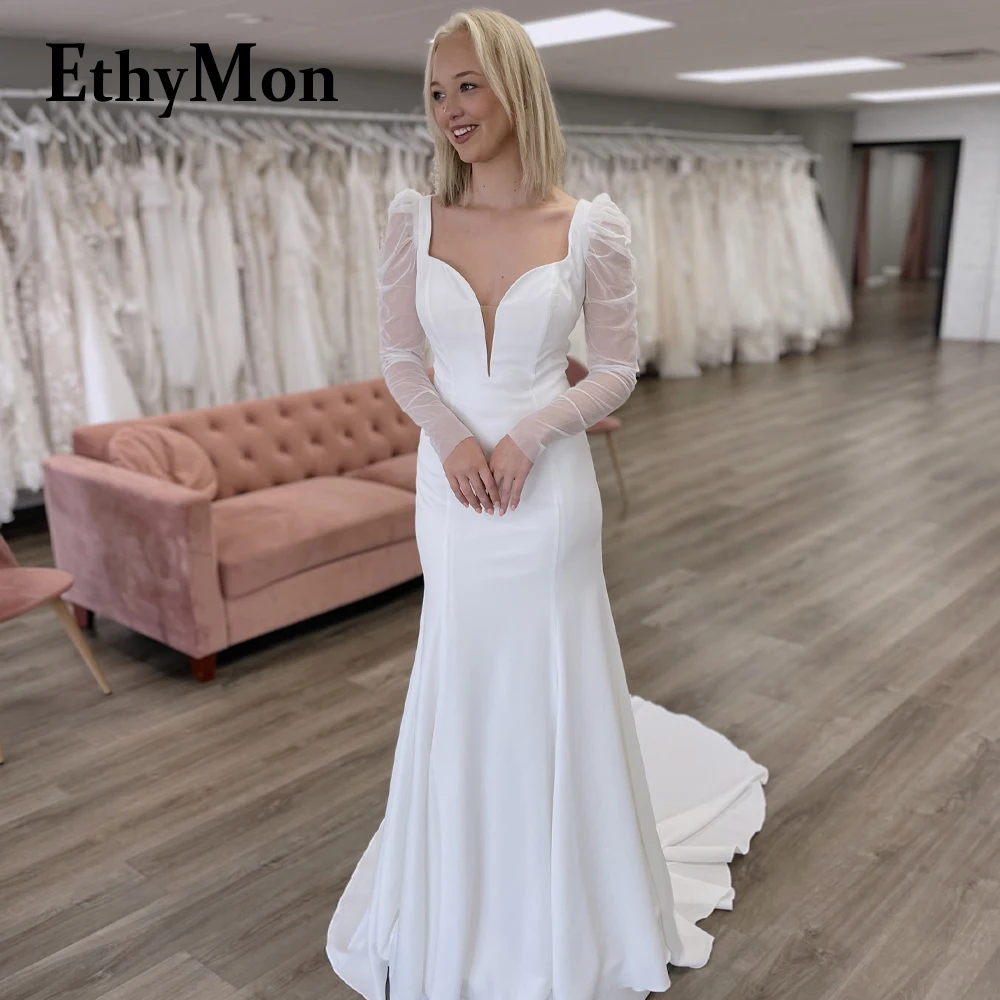 

Ethymon Charming Trumpet Wedding Dress For Women V-neck Long Sleeve Satin Backless Court Train Vestidos De Novia Customised