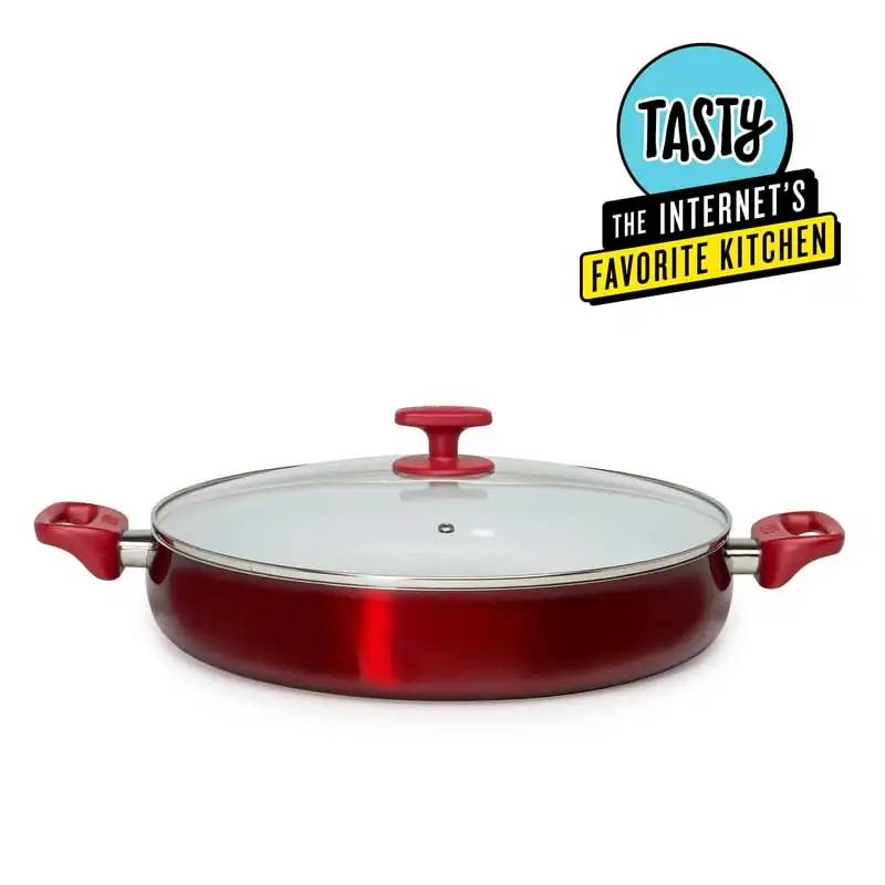 

-Reinforced Non-Stick Centerpiece Pan with Glass Lid, Red, 14 Pans and pots Cooking accessories Juego de sartenes Induction stov