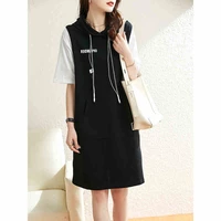 spring 2022 short sleeve o neck casual dress black regular knee length mid dress with hood pullover a line office dress for lady