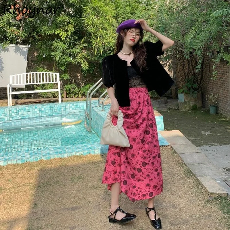 

Sets Women Floral Mid Calf Skirts Puff Sleeve Shirts Fashion Korean Harajuku New Summer Chic Sweet High Street Cute Retro New