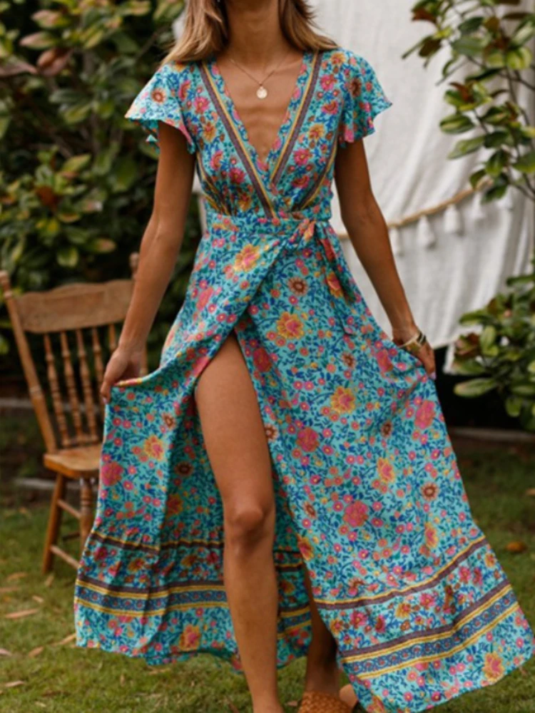 

Women's Dresses 2023 New In Spring Summer Fashion Style Sexy V-neck Floral Print Girdling Short-sleeved Dresses for Women