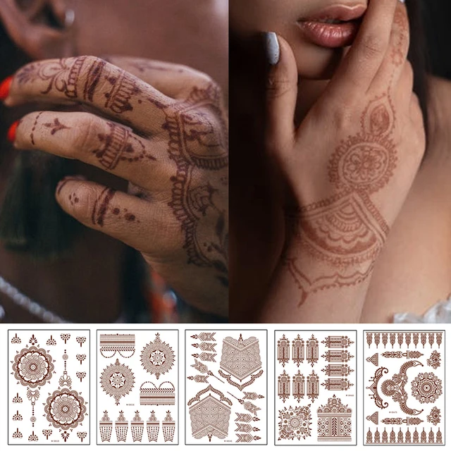 Henna Tattoo Brown Mehndi Stickers for Hand Temporary Tattoos Body Art Tatoo Waterproof for Women Fake Tatoo Hena Design 4