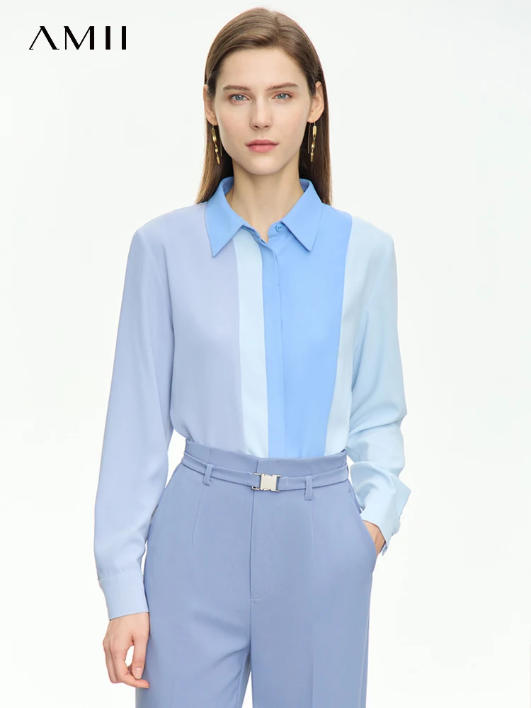 

AMII Minimalism 2023 Autumn Polo Collar Shirts for Women Patchwork Long Seeve Blouse Casual Office Lady Shirts Clothing 12343001