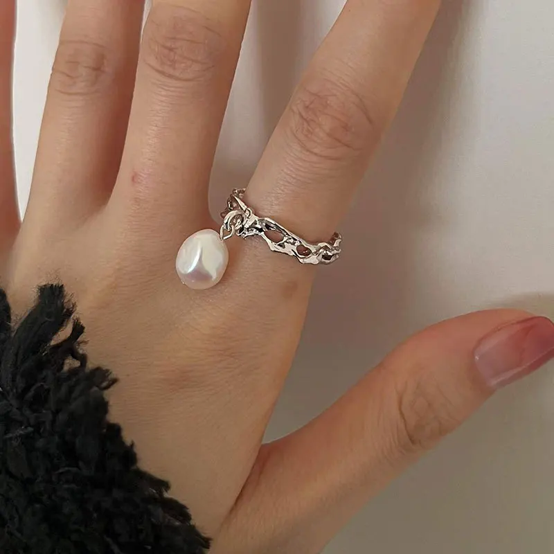 

New 2022 Real 925 Sterling Silver Ring Woman Finger Accessories Elegant Irregular Baroque Pearls Rings Women's Fine Jewelry