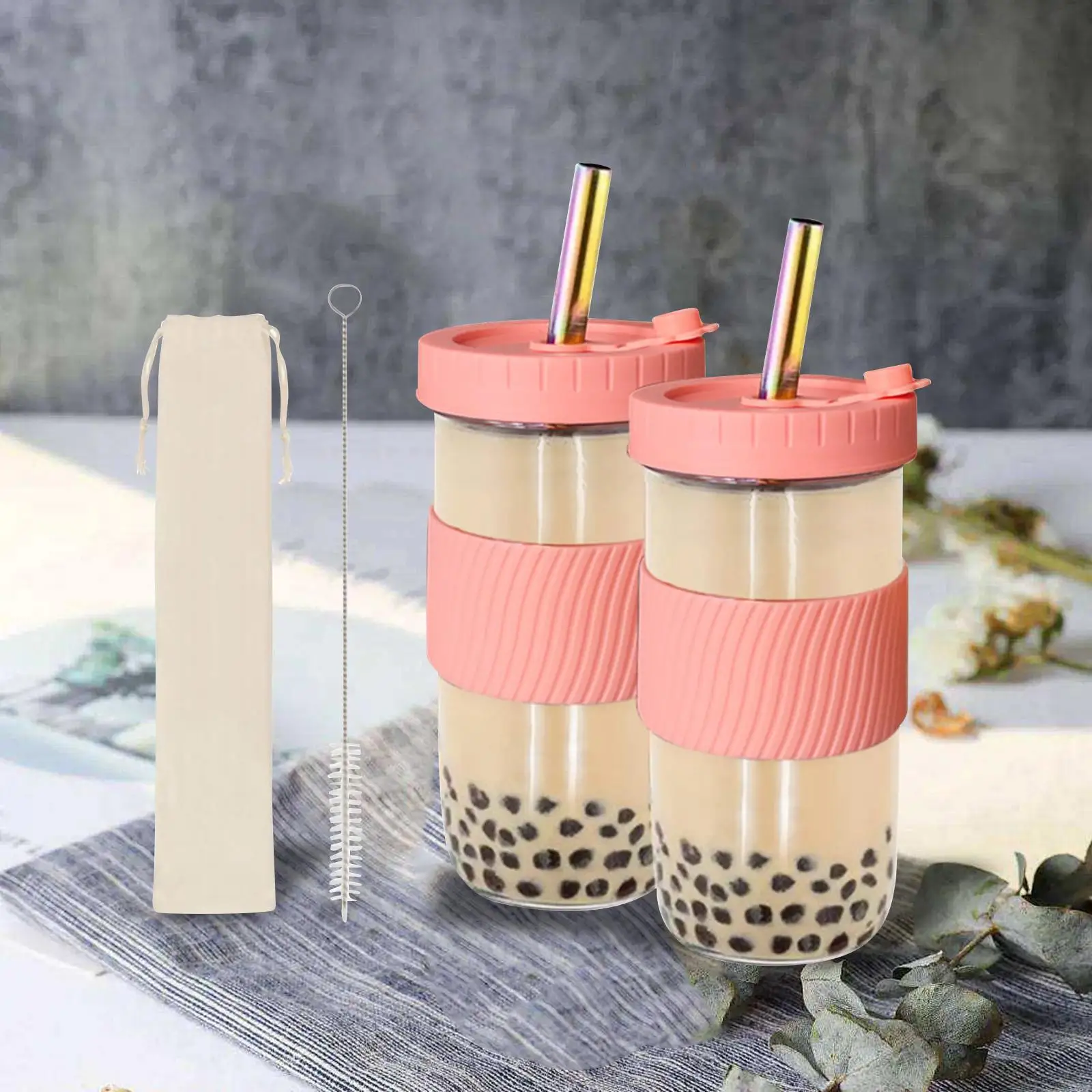 

Набор стеклянных стаканов для воды, кружки для смузи 730 мл, Герметичный Набор для хранения с широким горлышком для напитков, сока, холодного ...