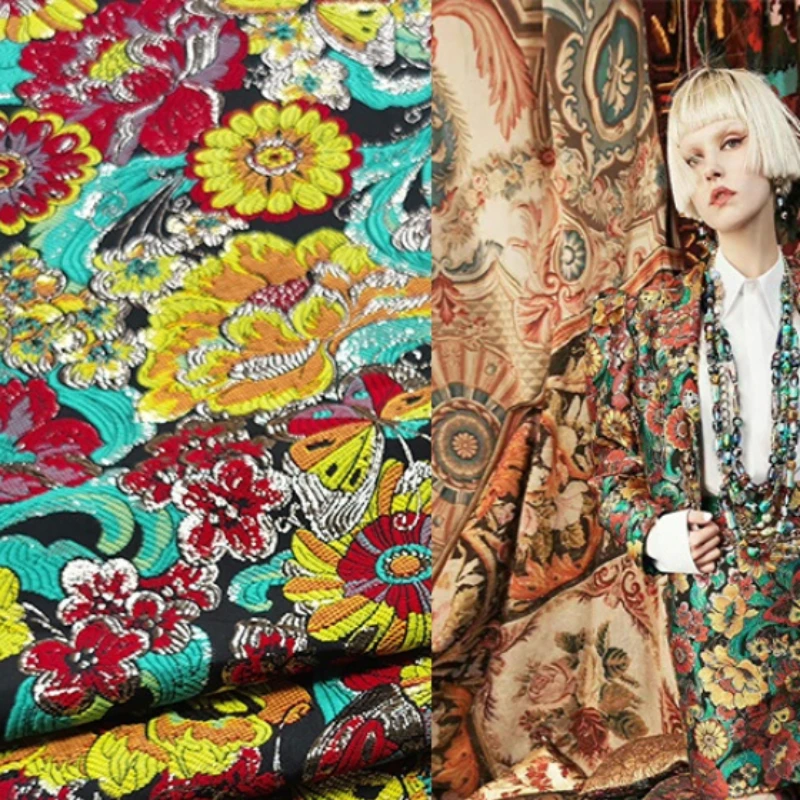 

Italian Jacquard Gold Silk Fabric Brand Fashion Design Trench Coat Suit Brocade for Dress Clothing Sewing Material by the Yard