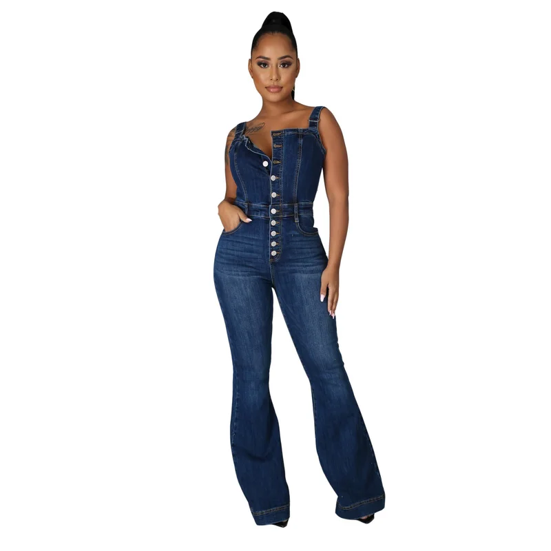 Vintage 2023 Summer Patchwork Denim Jumpsuit Sexy Bodycon Sleeveless Full Body Feminino Elegant Button Rompers Womens Jumpsuits