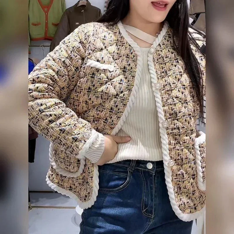 Модная твидовая женская стеганая куртка укороченное хлопковое пальто на