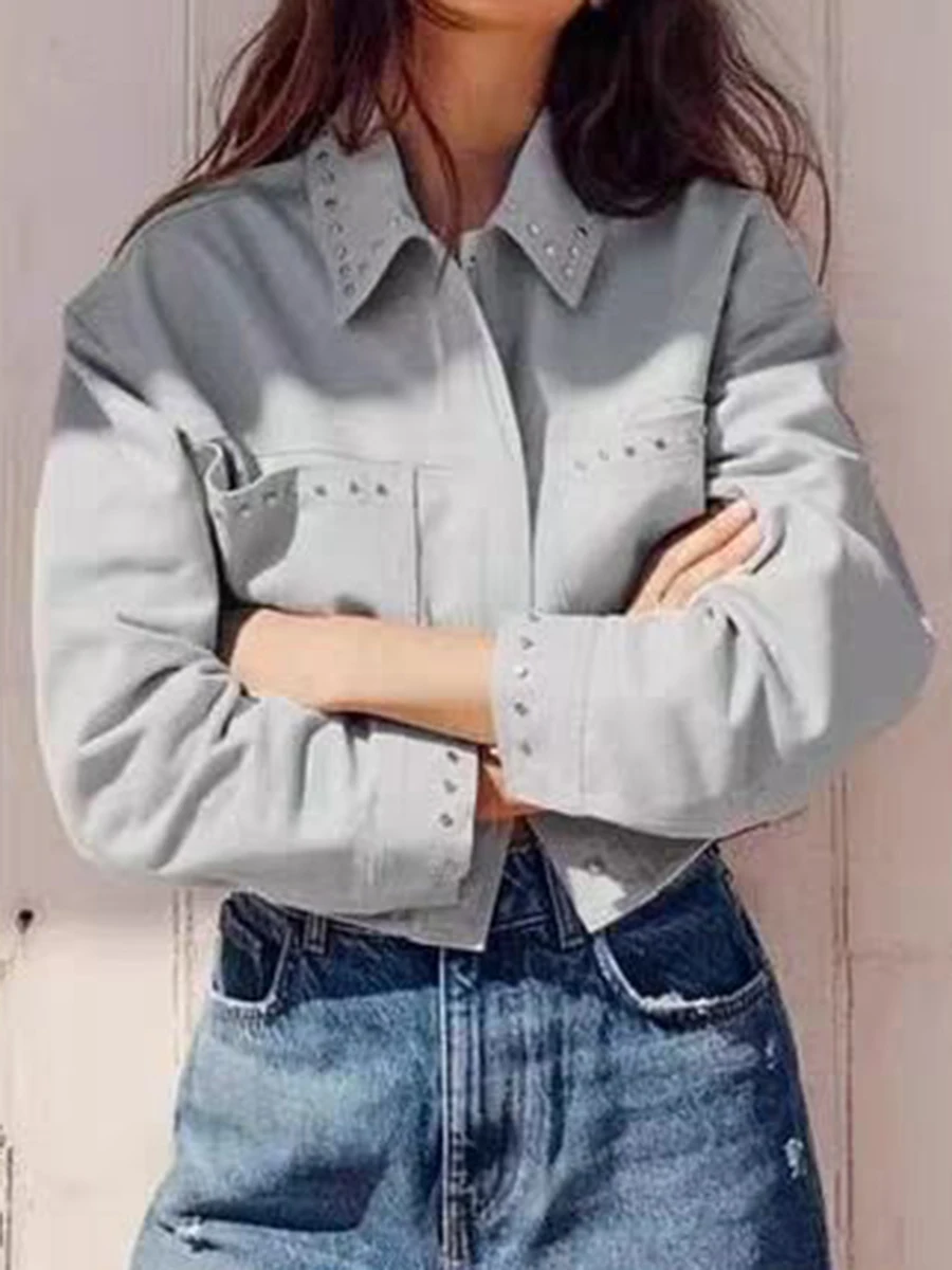 

American Vintage Rivet Punk Jacket Autumn Woman Long Sleeve Turn Down Collar Pockets Solid Coat 2023 Rock n Roll New Outerwear