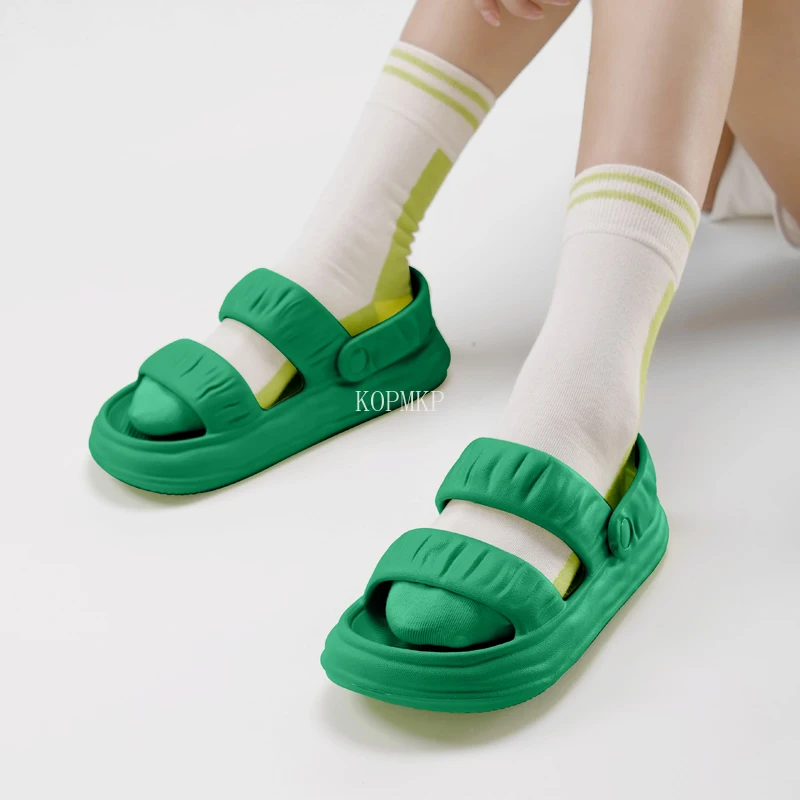 

Green Open Toe Platform Flat Women Sandals Pleated Cover Heel Gladiator Ladies Slingback Summer Back Strap Sandals Women 2022