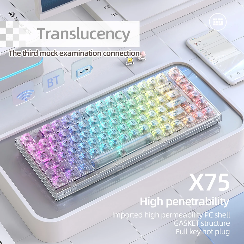 82 Keys Gamer Mechanical Keyboard Bluetooth-compatible Transparent Crystal Gaming Keyboard 2.4G RGB Light Hot Swap for Laptop PC