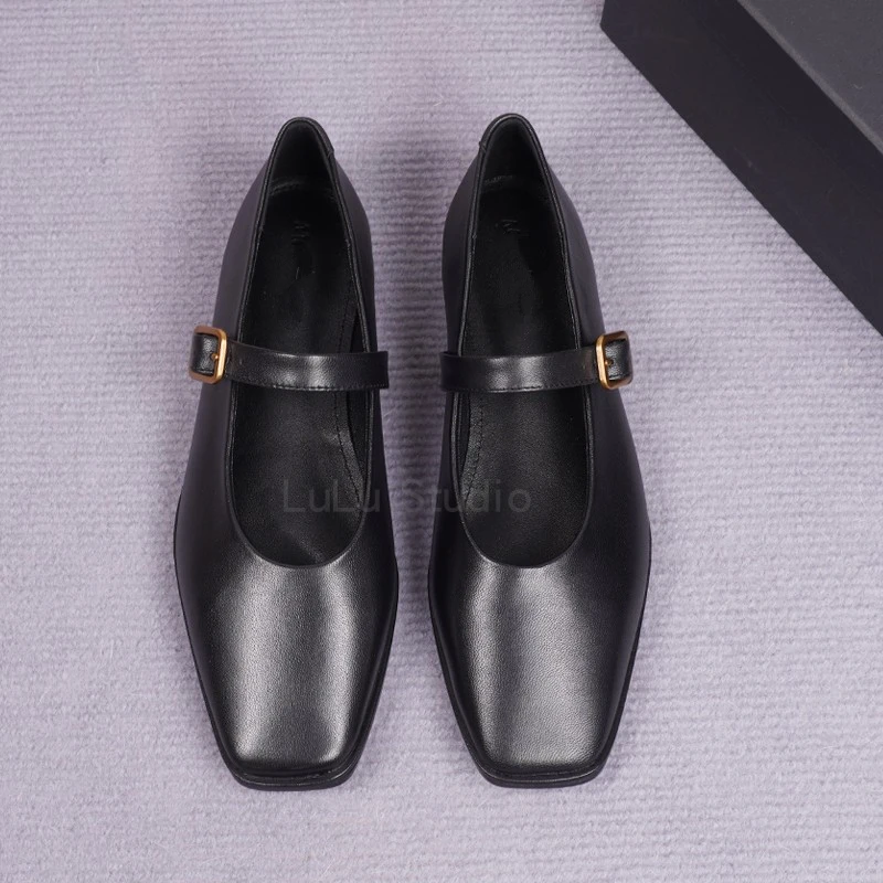 Maxdutti Commuting Leather Shallow Cut Women's Shoes Flat Shoes Mary Jane Shoes Casual Square Toe Ballet Shoes