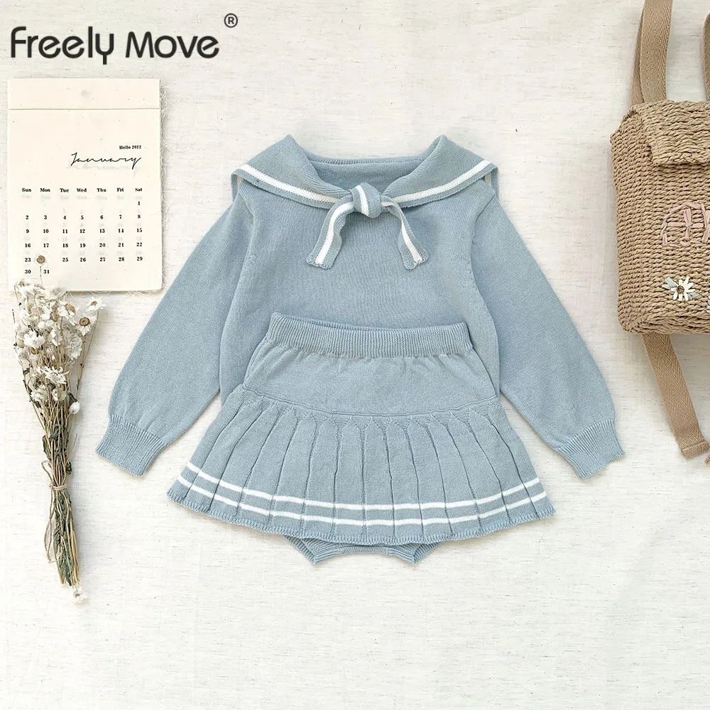

Freely Move Baby Girl Knitted Suit 2022 Spring Cardigan Sweater+Short Set Cute Navy Collar Pure Color Baby Knitting Clothes