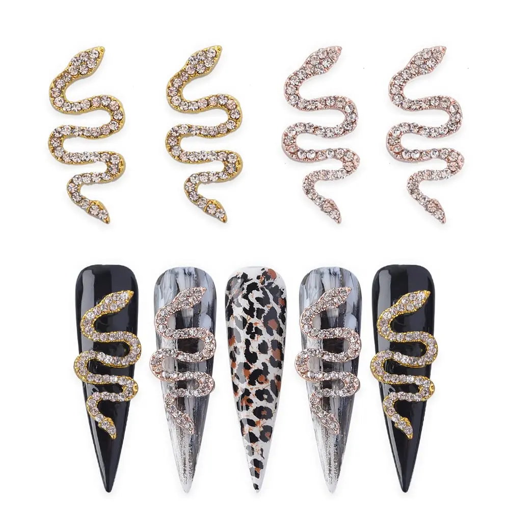 

2PCS Oversized Snake 3D Nail Charm Zodiac Gold Metal Crystals Rhinestones For Nails Art Decoration DIY Alloy Nail Diamond Supply