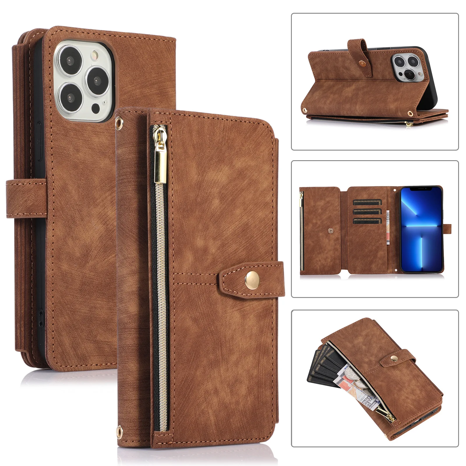 

For iPhone 14 Pro Max Plus 14pro 13 12 11 XS XR 6 6S 7 8 Slant Crossover Flip PhoneZipper Card Wallet Leather Case