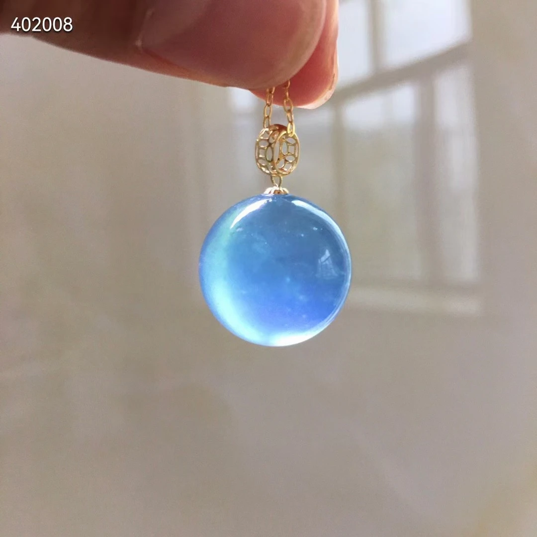 Colgante de esfera de Aguamarina azul Natural para hombre y mujer, colgante de bola de piedra de 15mm y oro de 18 quilates, collar de cristal redondo AAAA