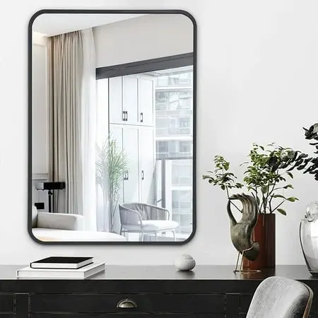 

Прямоугольное зеркало с закругленными углами, висячее зеркало 20 х28 дюймов с полкой для ванной комнаты