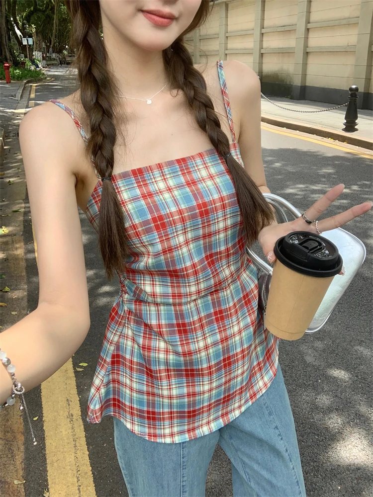 Pphome Sweet Cherry College ~ Design Sense Pleat Waist Hugging Plaid Cami Женский милый уникальный шикарный топ