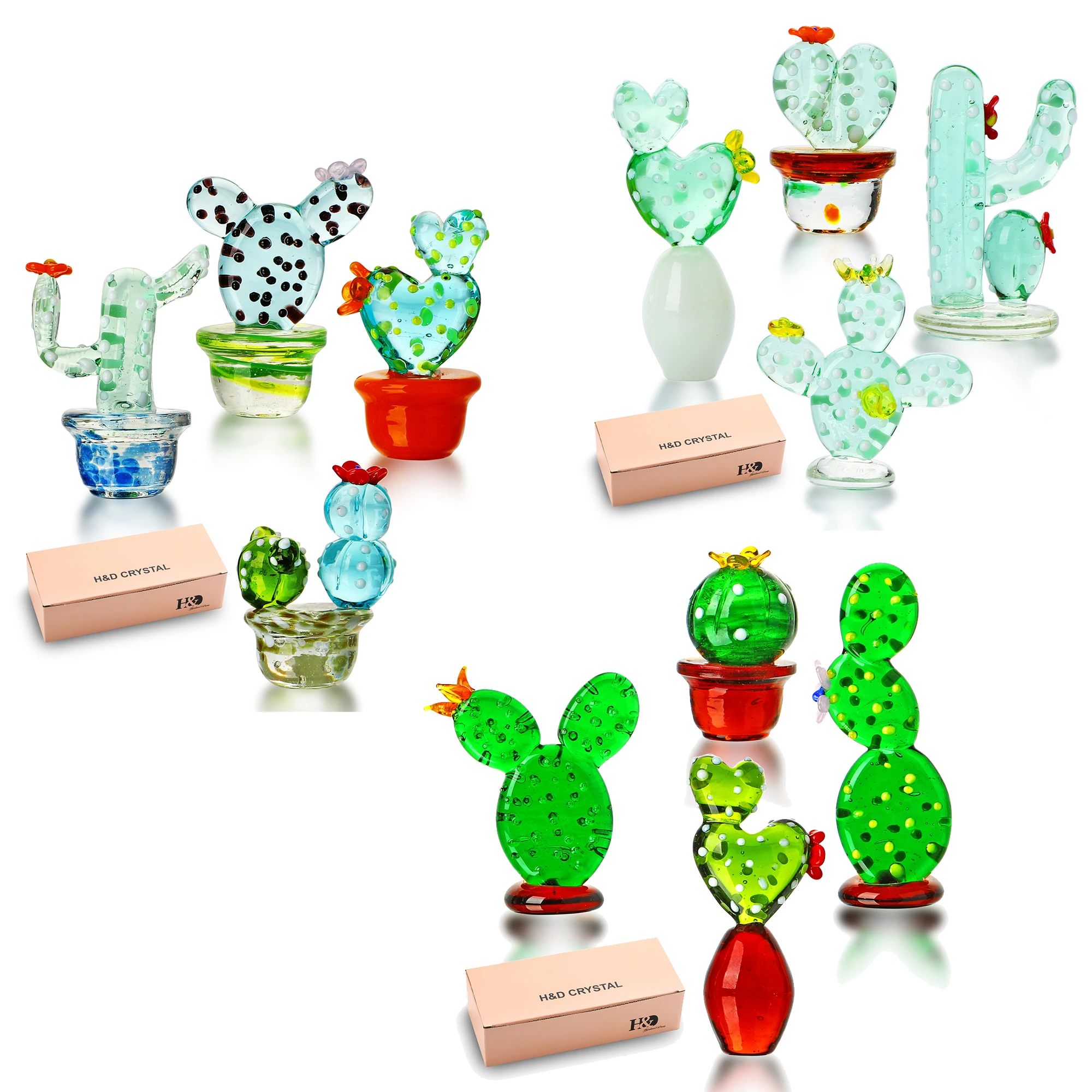 

H&D 4pcs Handmade Blown Cactus Figurines Cute Crystal Art Cactus with Vase Ornaments Desk Tabletop Simulation Plants Decorations