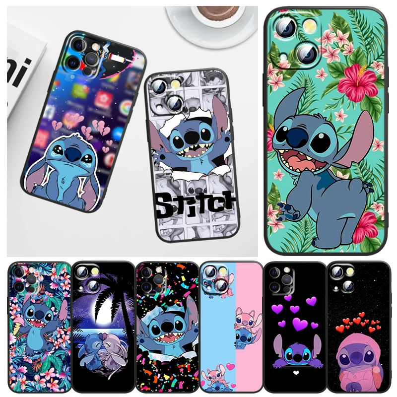 

Phone Case For Apple iPhone 14 13 12 11 mini 8 7 6 XS XR X SE 2020 Pro Max Plus Funda Disney Cartoon Stitch Black Cover