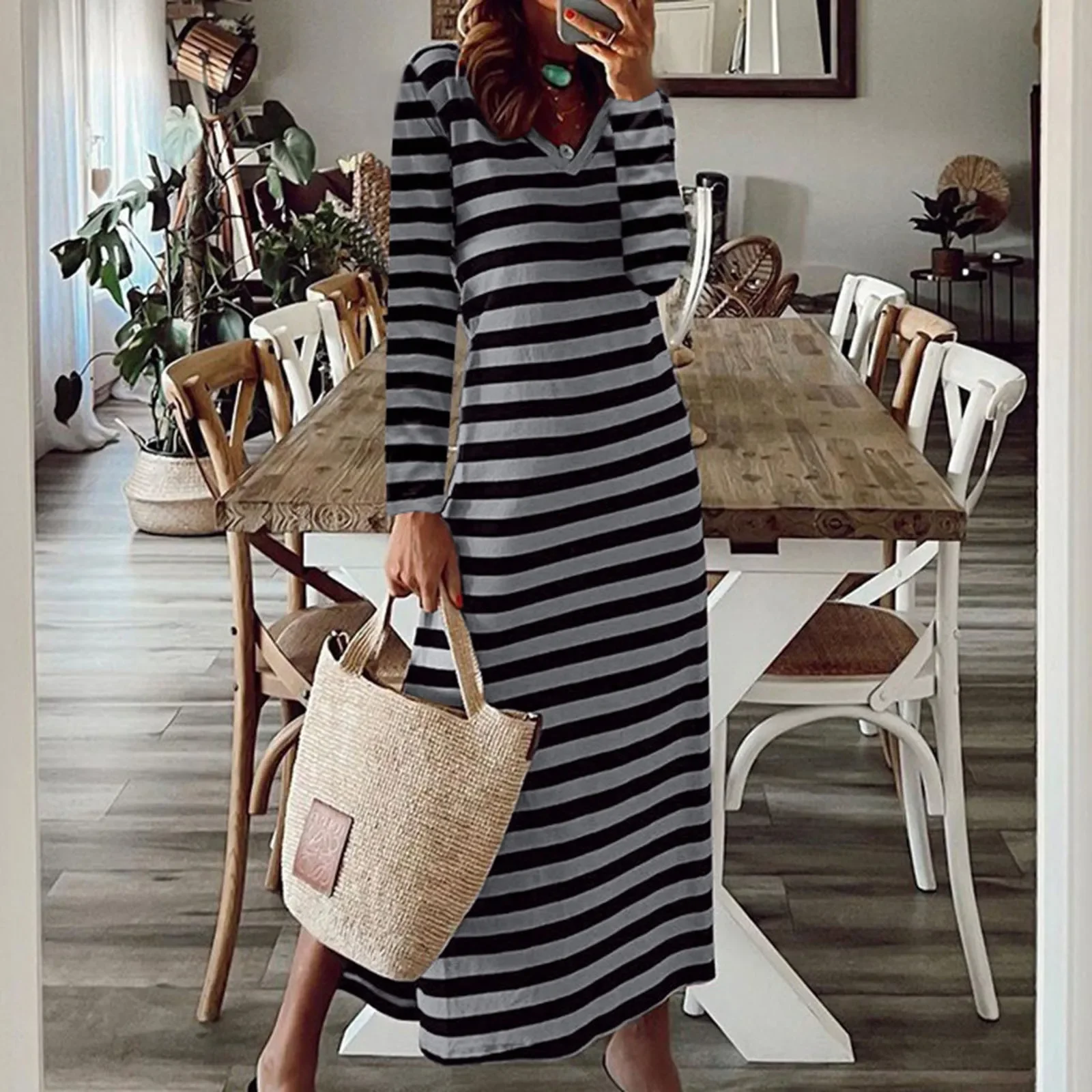 Женское винтажное длинное платье в полоску с длинным рукавом