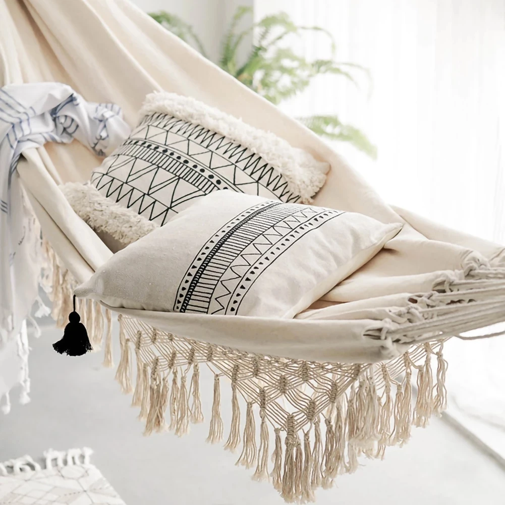 

2 Person Large Hammock Boho Style Brazilian Macrame Fringed Deluxe Double Hammock Net Swing Chair Indoor Hanging Swing delivery