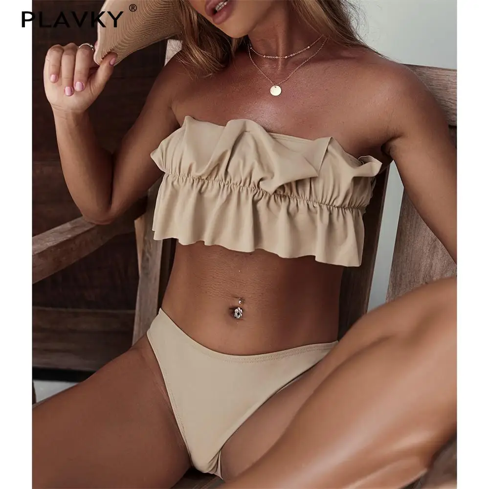 

PLAVKY Women Sexi Nude Crinkle Pleated Ruffle Bandeau Brazilian Bikini Set Swimsuit Swimwear Sexy 2021 Summer Swim Bathing Suit