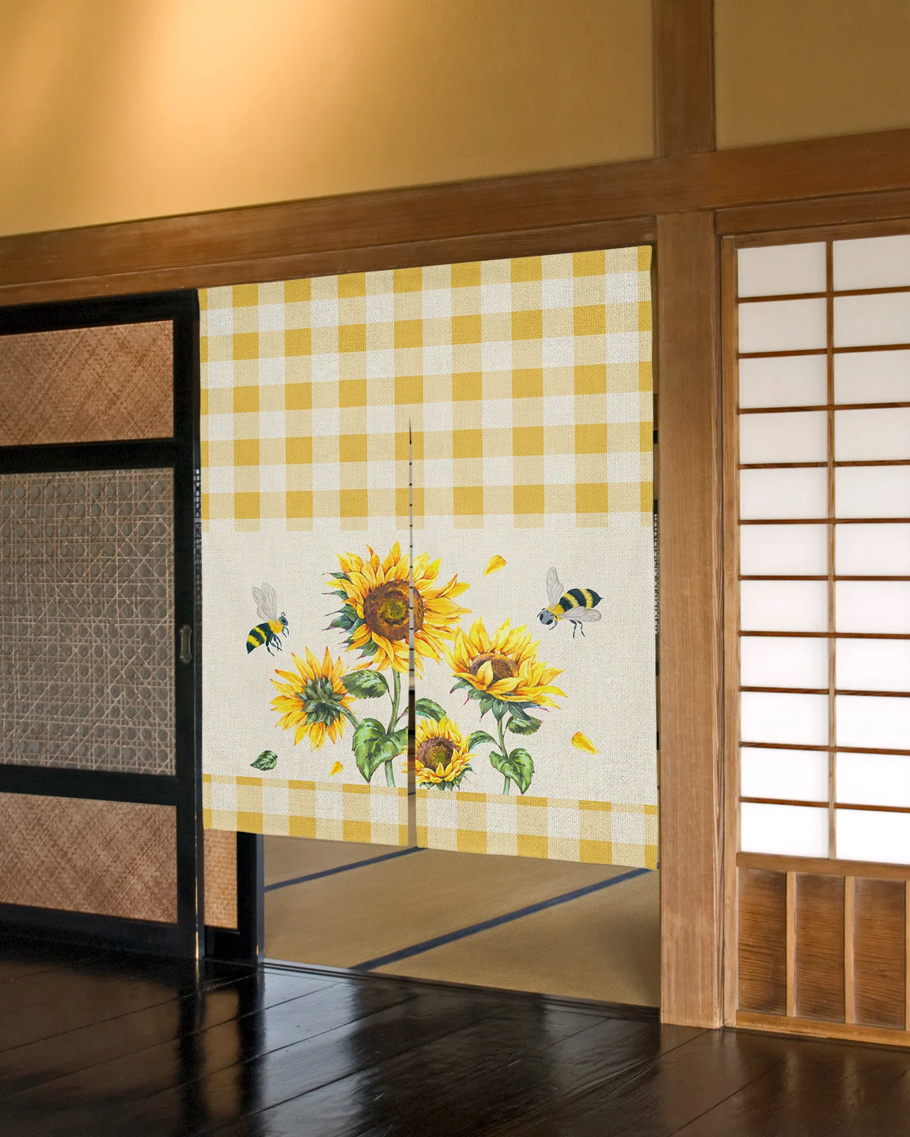 

Sunflower Watercolor Flower Bee Plaid Japanese Door Curtain Bedroom Doorway Partition Curtains Restaurant Kitchen Decor Drapes