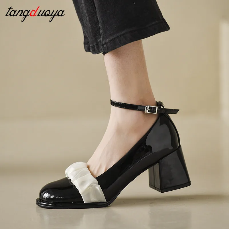 

French High Heels Women's summer Spring Thick Heel Shoes French Mary Jane shoes Square Toe Women's Shoes Retro Leather Shoes