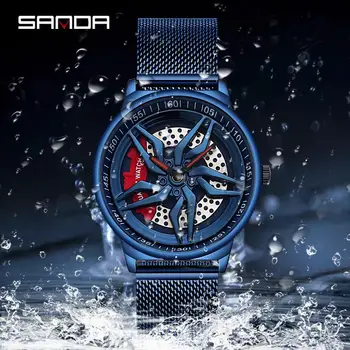SANDA Car Wheel Watch Men Quartz Rotating Dial Waterproof Sport Steel Clock Creative Rim Hub Wheel Wristwatch Relogio Masculine Other Image