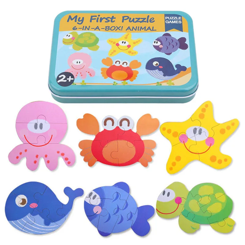

6 in For Children Montessori Toy 1 Iron Box Cartoon Animals Baby Wooden Puzzle Toys Early Educational Toys Best Gifts For Kids
