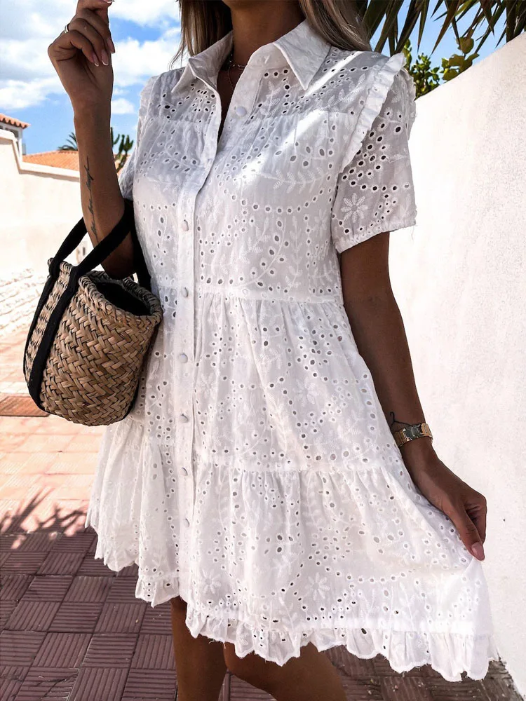 

Elegant Women Solid Lapel Embroidery Flower Dress Solid Vintage Short Sleeve Slim Ruffles Dress Buttoned Shirt Sundress Cover Up