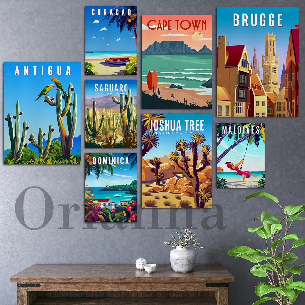 Постер для путешествий, Кейптаун, дерево Джошуа, бругге, Доминикана, Мальдивы, сагаро, курокао, Антигуа, винтажный дорожный Настенный декор с принтом