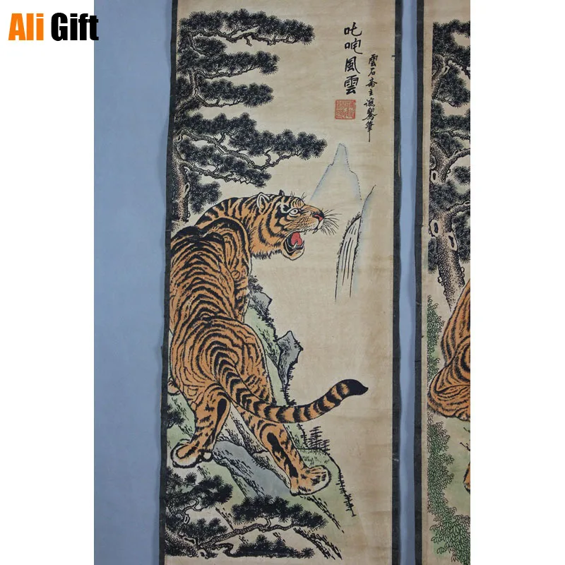 Китайские живописные каллиграфические картины на старой бумаге с изображением тигра и четырех карт, декор для эстетического оформления комнаты.
