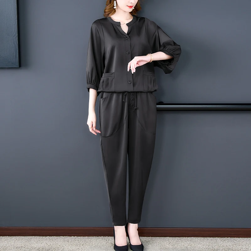 Женский Шелковый комплект из двух предметов однотонный свободный кардиган в