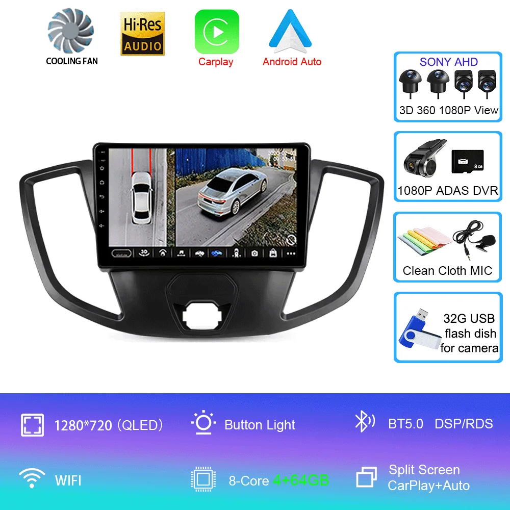 

Автомобильный радиоприемник Android 15 Carplay Auto для Ford Transit 2015 2016 2017 2018 Мультимедийный видеоплеер GPS Стерео 2din WIFI + 4G головное устройство