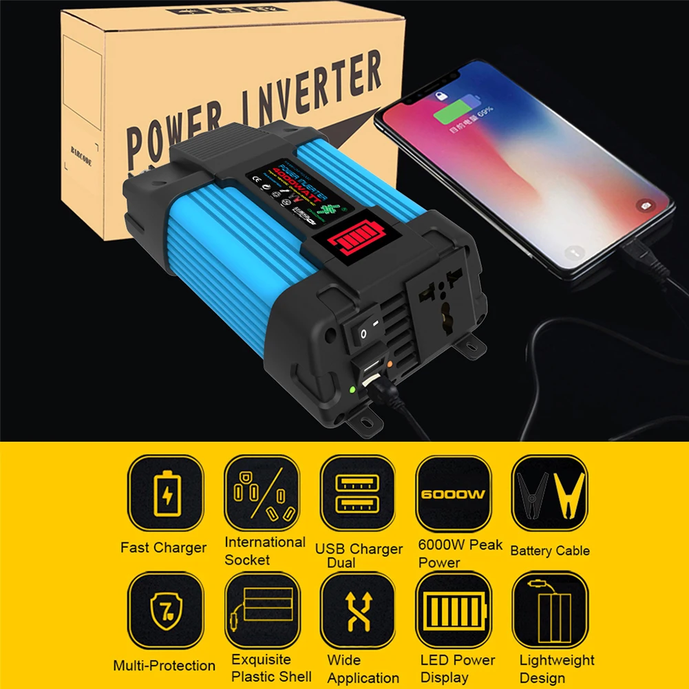 

6000W 4000W Car Power Inverter LED Voltage Capacity Display Transformer Converter 12V To 110/220V 2 USB Inverter Car Appliances