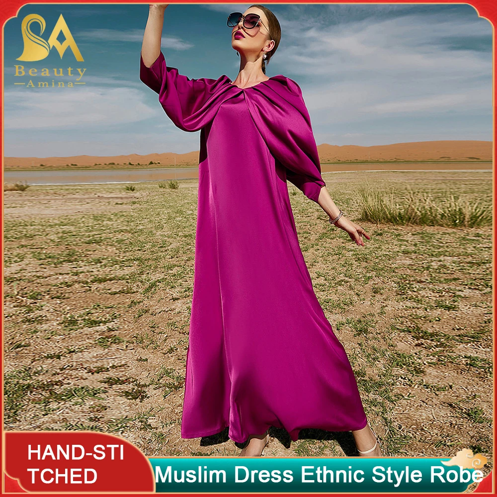 Muslim Robe Rose Red Three-Quarter Sleeves Show Temperament Long Skirt Party Dress Islamic Festival Dress Ethnic Style Robe