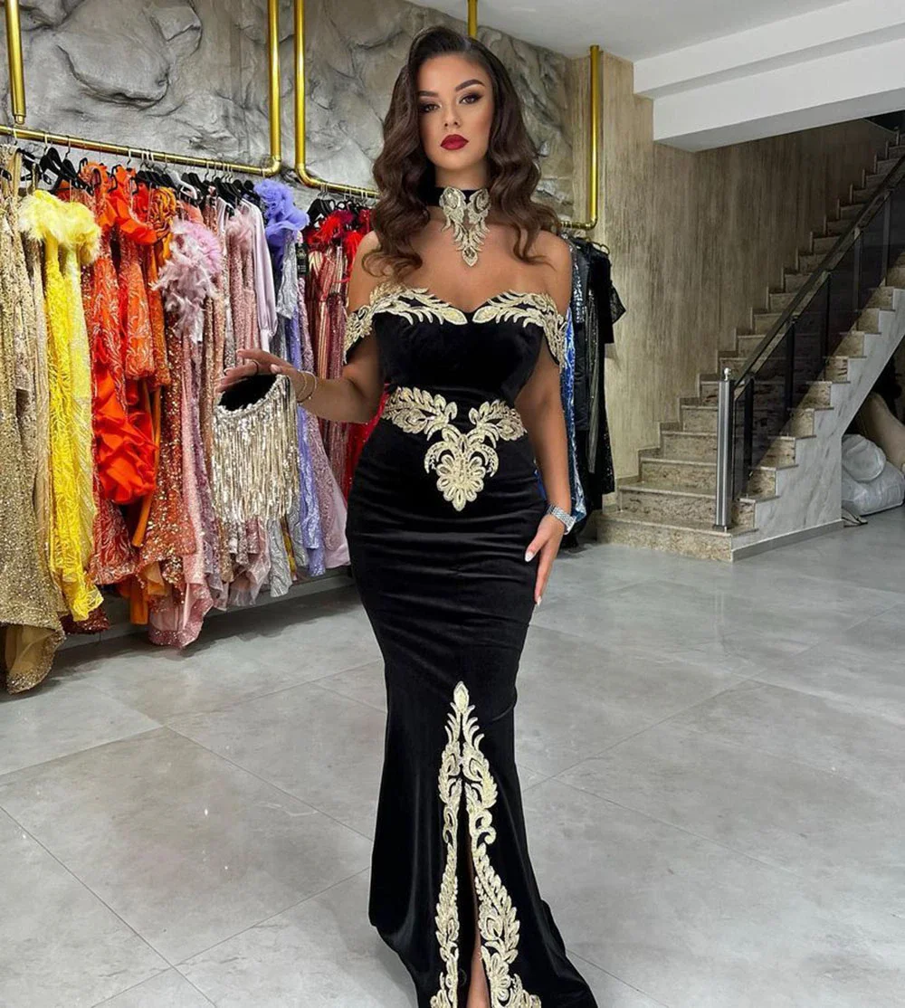 

Fashionvane Robes De Soirée Off Shoulder Black Velour Mermaid Dresses Party Evening Applique Front Slit Saudi Arabia Prom Dress