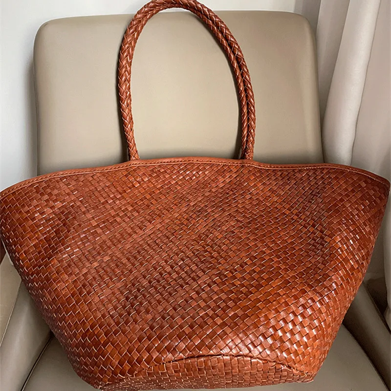 Luxury Top-Handle Travel Beach Bags Fashion Genuine Leather Tote Female Brand Weave Bucket Shoulder Bag for Woman New