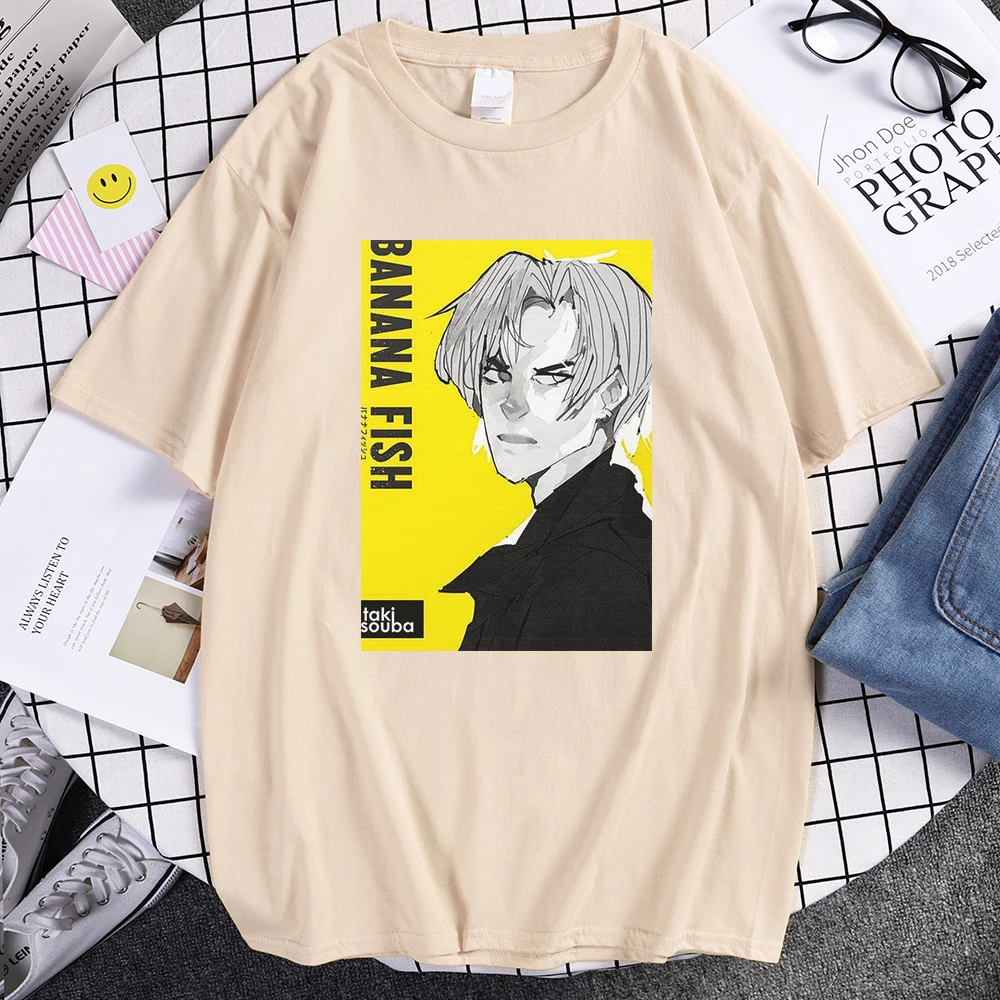 

Футболка мужская с принтом бананов и рыбок, дышащая винтажная Свободная рубашка с круглым вырезом, топ в японском стиле, лето