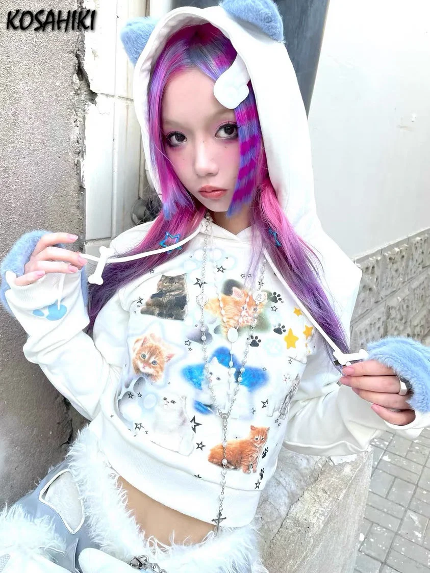 

KOSAHIKI Y2k Aesthetic Cropped Hoodies Women Print Cat Ear Hoody Sweatshirt Kawaii Top Japanese Harajuku Grunge Fairy Sudaderas