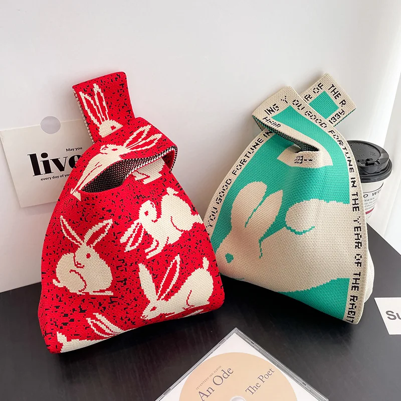 

Cute Cartoon Rabbit Cat Knitted Handbag Women Mini Knot Wrist Bag Fashion Large Capacity Tote Bag Reusable Shopping Bags 20x35cm