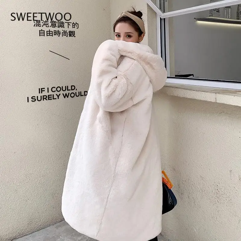 2022 Winter Hooded Women Faux Fur Coat Ladies Thick Warm Outwear Long Fur Jacket Casaco Feminino Inverno Tedy Contracted Slim