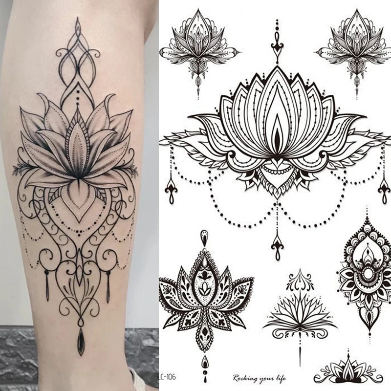 

1pcs Butterfly Temporary Tattoo Sticker Waterproof Black Retro Hand Back Tattoo Sticker Mandala Flower Clavicle Temporary Tattoo