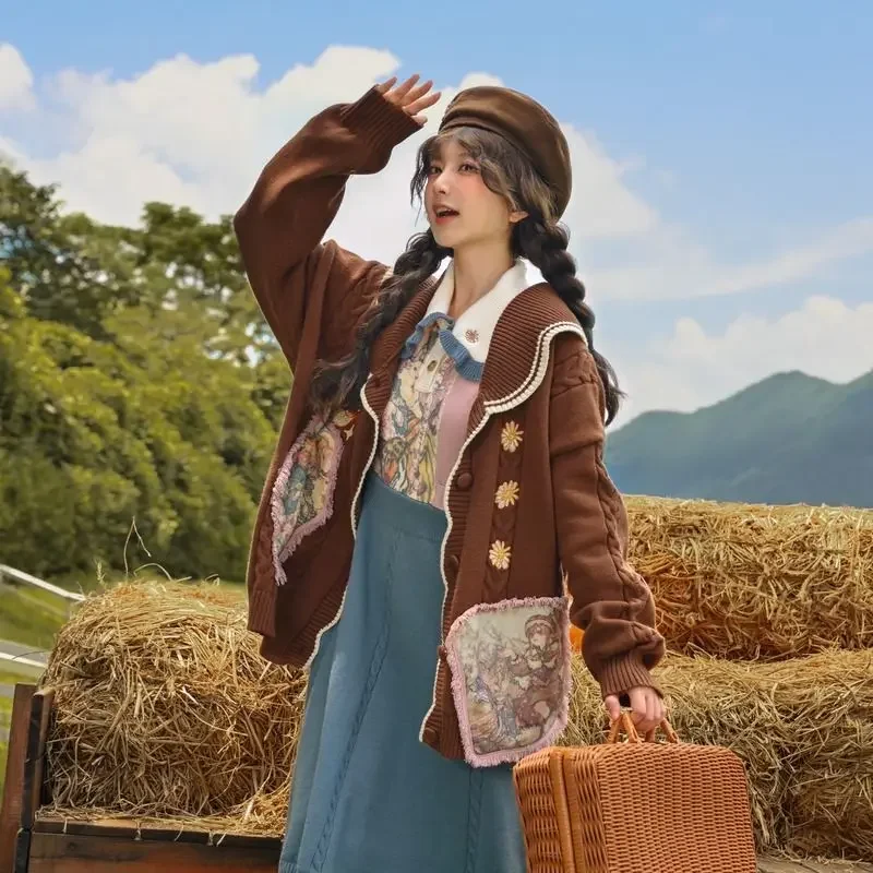 Английский стиль ретро коричневый сказочный вязаный кардиган женский