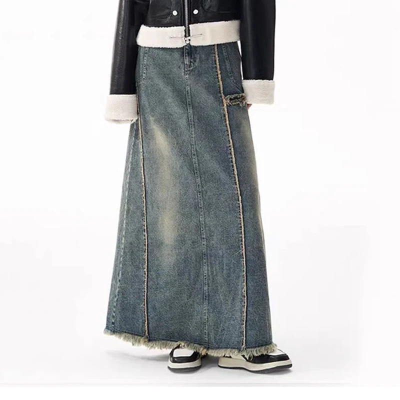 Denim Skirt Women 2021 New Mid length Half length Skirt Korean Summer High Waist Perforated One Step  Cotton  Casual