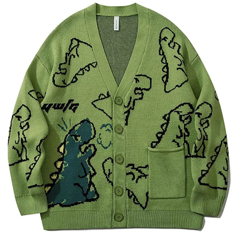 

Hip Hop Knitted Cardigans Men Cartoon Dinosaur Full Printed Cardigan Cotton Vintage Loose Sweater Oversized Coat Unisex Autumn